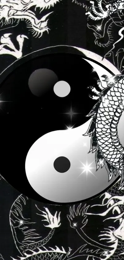 Yin Yang symbol with dragon design in black and white.