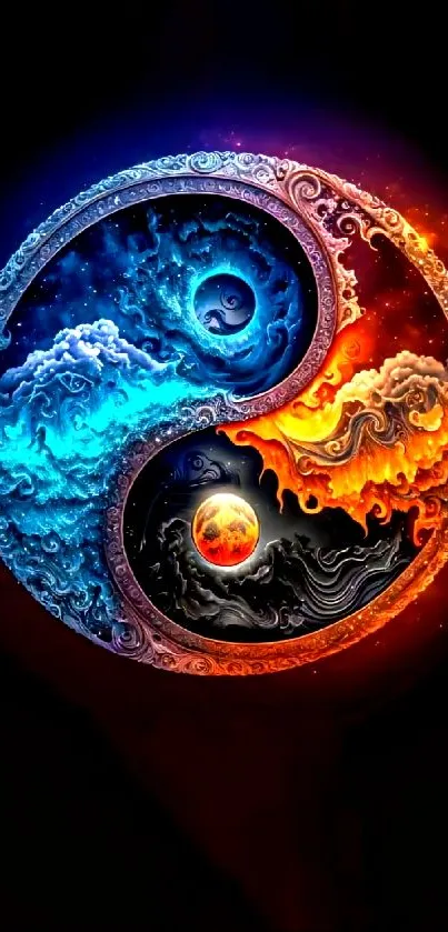 Colorful yin yang symbol with fire and water elements on black background.