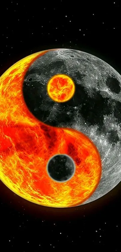 Yin Yang symbol with fiery and icy elements on a dark background.