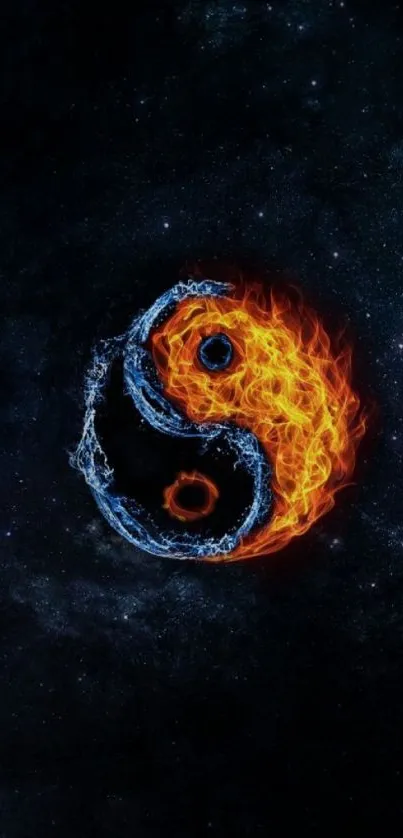 Fiery Yin Yang symbol with water and fire on a space-like black background.