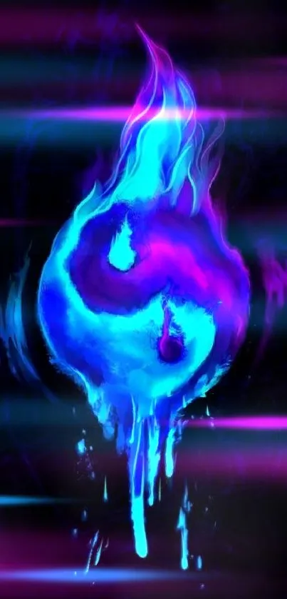 Yin Yang symbol in blue and purple flames against a dark background.