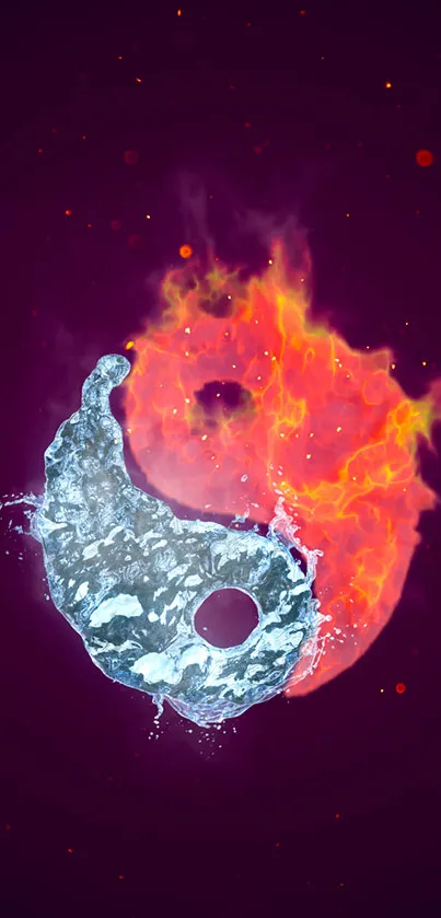 Yin Yang symbol with fire and water on purple background.