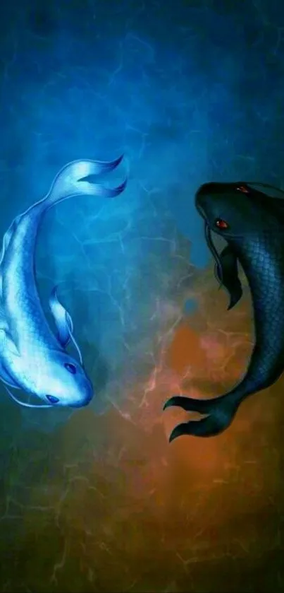 Two yin yang fish swimming against blue and orange background.