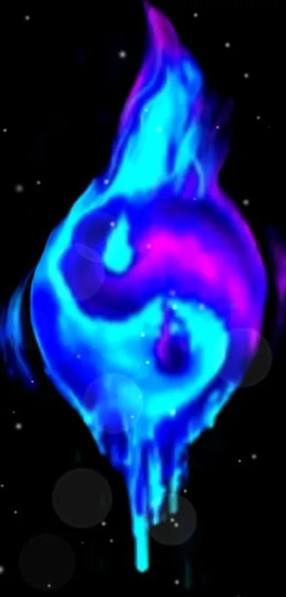 Vibrant blue and purple flaming Yin Yang design wallpaper.