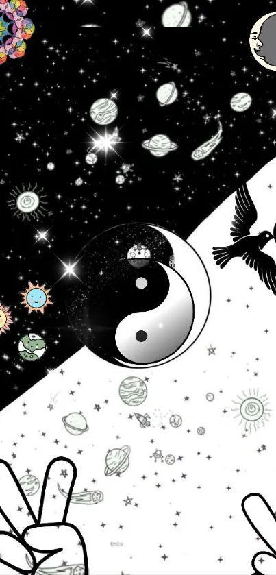 Yin Yang galaxy wallpaper with cosmic elements, peace signs, and contrasting colors.