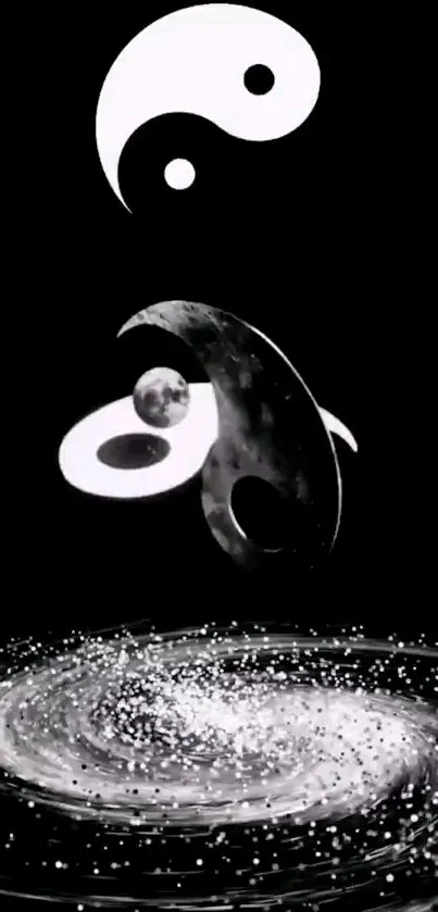 Yin Yang symbol and galaxy in artistic black and white wallpaper.