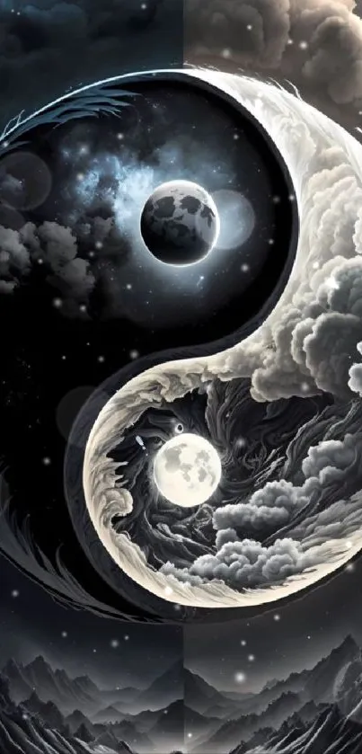 Yin yang symbol with cosmic and cloud elements in a phone wallpaper.