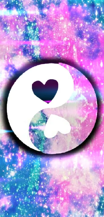 Colorful galaxy wallpaper with a unique yin yang heart design.