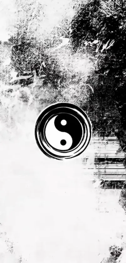 Yin Yang symbol in black and white grunge style wallpaper.