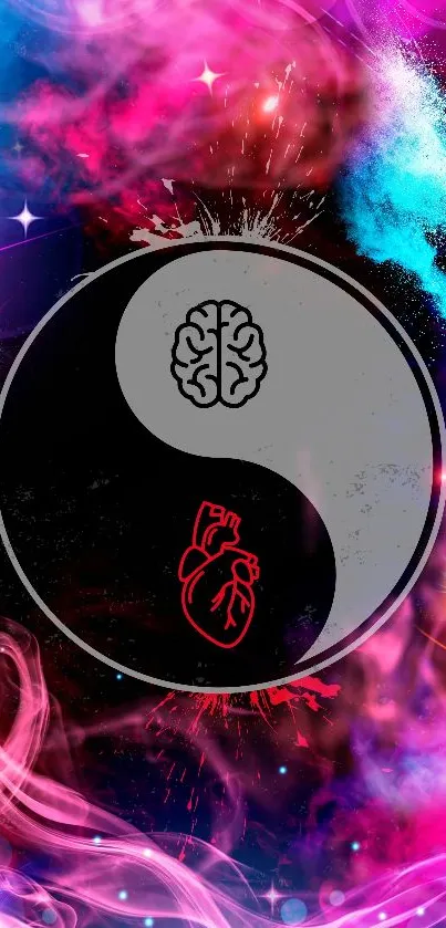 Yin yang mobile wallpaper with brain and heart in vibrant cosmic colors.