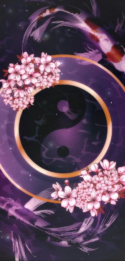 Purple-black wallpaper with koi, yin yang, and cherry blossoms.