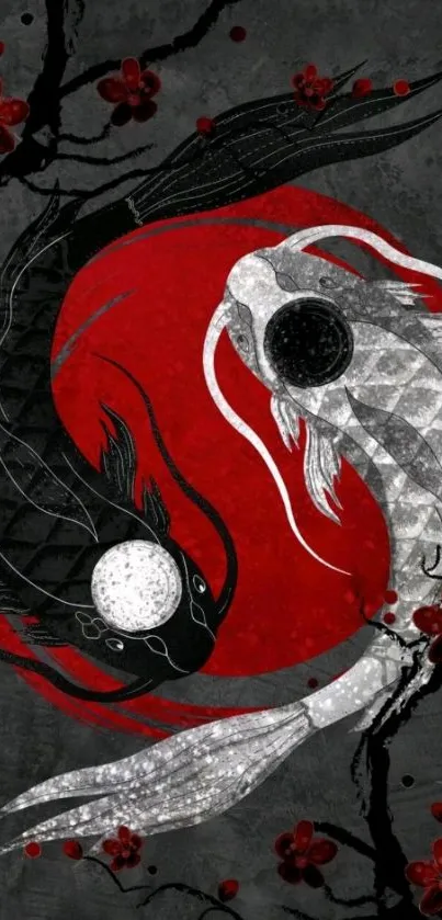 Yin Yang Koi fish wallpaper with red and black artistic design.