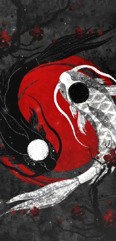 Yin Yang koi fish art with red circle on black background wallpaper.