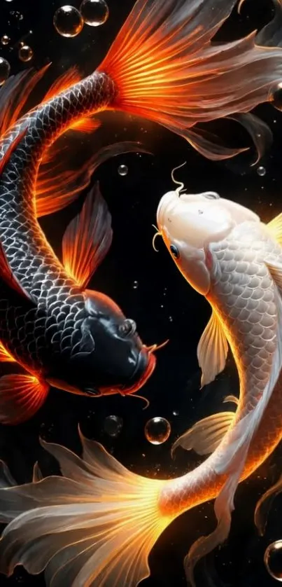 Yin yang koi fish art with vibrant orange and black hues.
