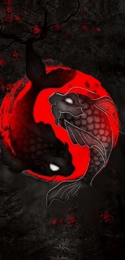 Yin Yang koi fish design with vibrant red and black colors.