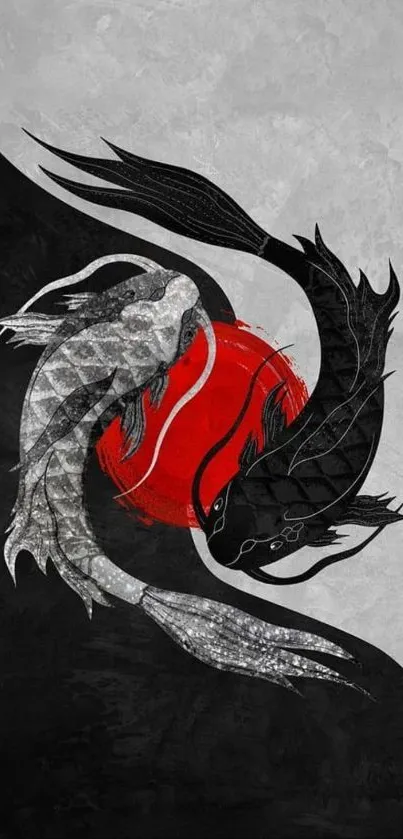 Yin Yang koi fish with red sun in monochrome artwork.