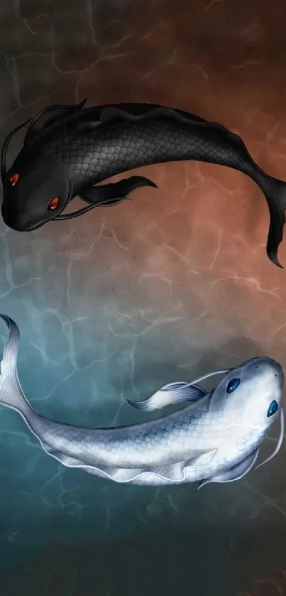 Artistic depiction of Yin Yang koi fish with celestial background.