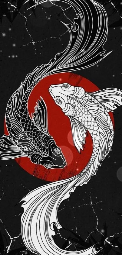 Yin Yang koi fish with red circle background wallpaper.