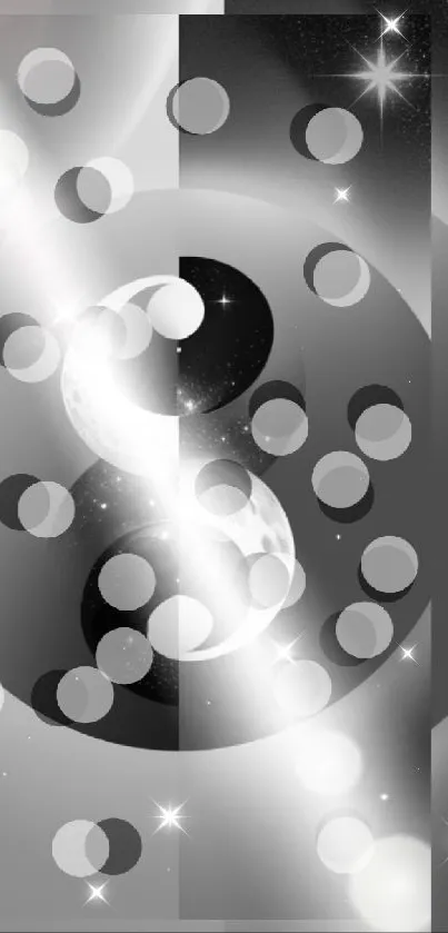 Monochrome yin yang wallpaper with cosmic circles.