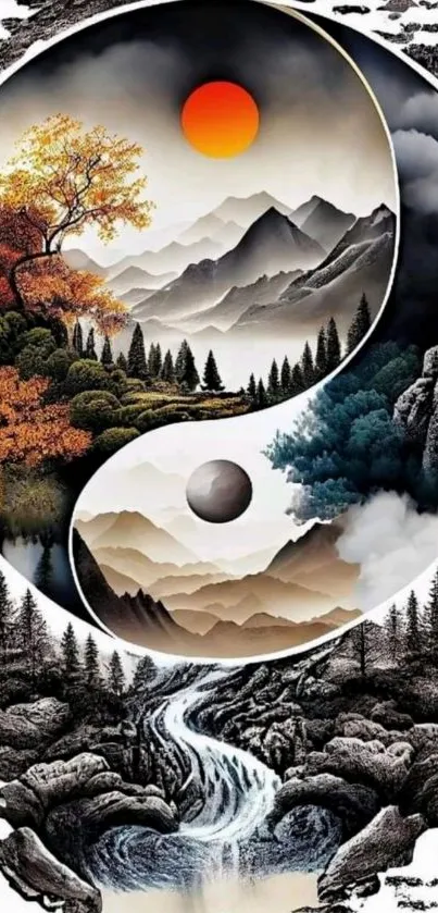 Yin Yang nature art with mountains and trees.