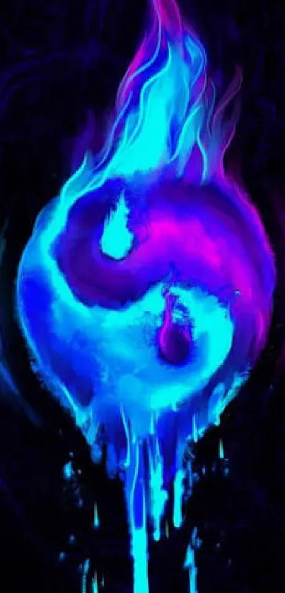 Vibrant neon yin yang wallpaper with blue and purple flames.