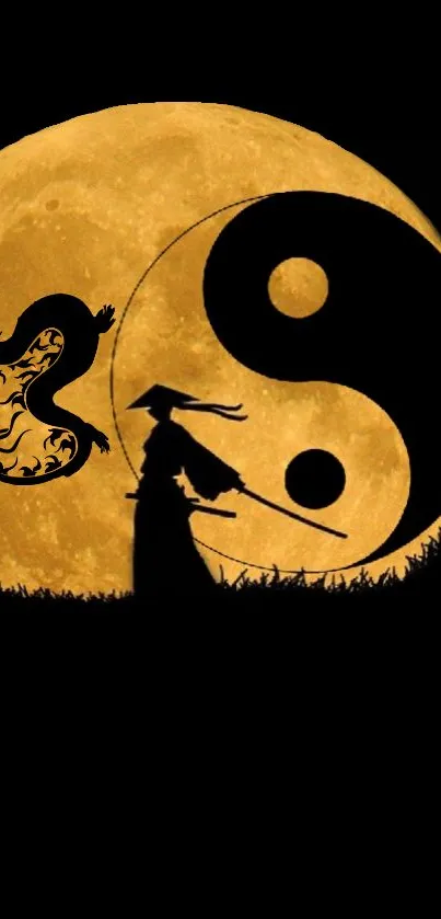 Samurai silhouette with Yin Yang in golden moonlight.