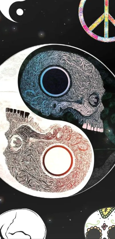 Yin Yang skull design on black background.