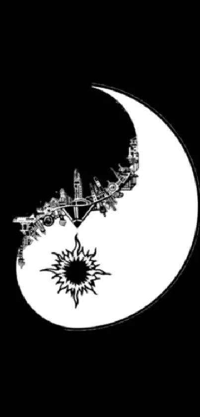 Black and white yin yang with city skyline and sun design.