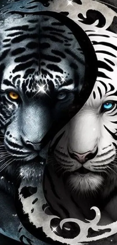 Yin Yang tiger art wallpaper with black and white tigers in a balance design.