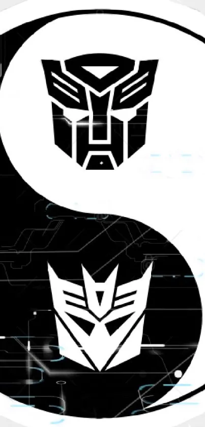 Yin yang with Transformers logos in black and white design.