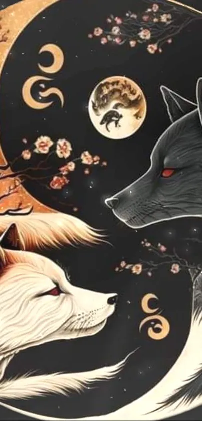 Yin yang wolf artwork with cherry blossoms and cosmic motifs on a mobile wallpaper.