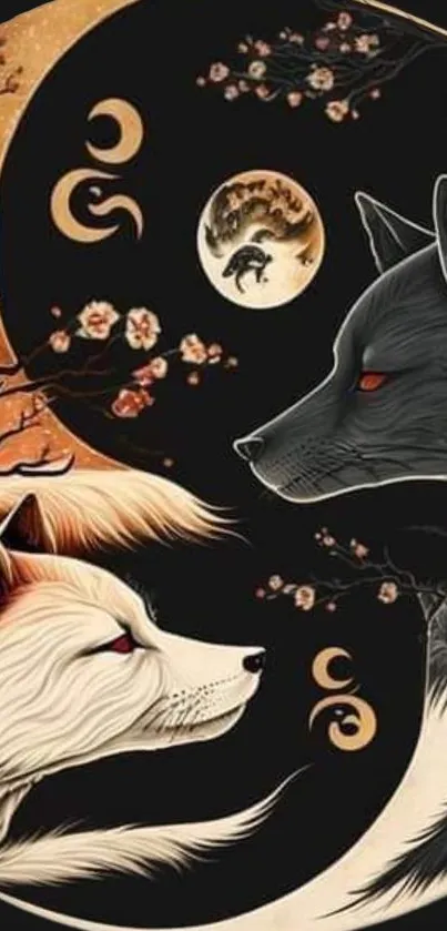 Yin Yang wolf wallpaper with cherry blossoms in intricate design.