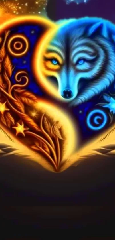 Yin yang design with wolves in blue and orange contrasting colors.