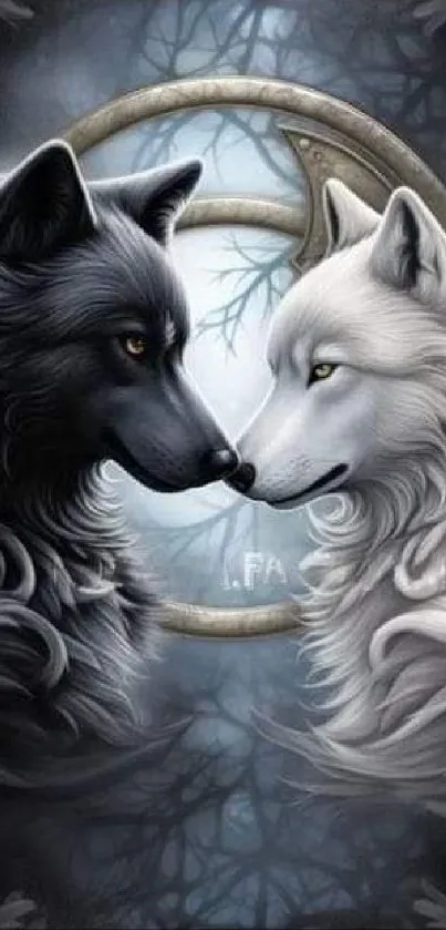 Two wolves representing yin yang in a mystical dark forest setting.