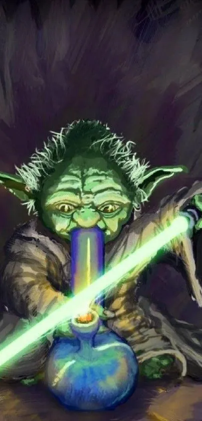 Yoda inspired artwork with lightsaber and colorful design on a mobile wallpaper.