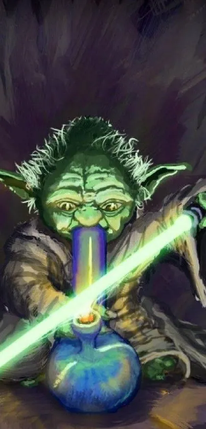 Yoda holding a glowing saber with unique creative design.