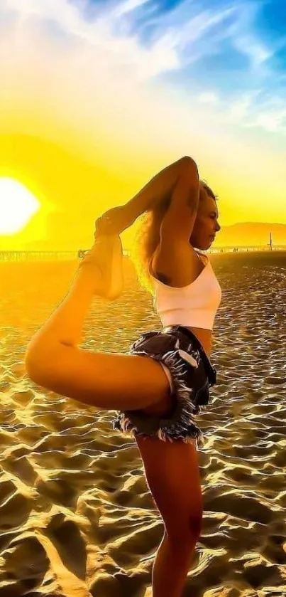 Yoga pose at sunset on a sandy beach with vibrant colors.