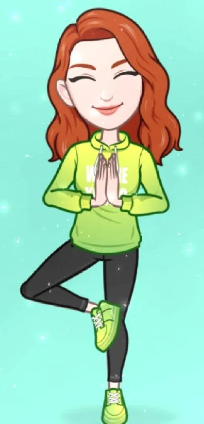 Cartoon character doing yoga in tree pose on green background.