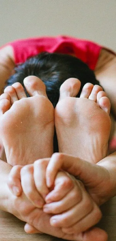 Yoga stretch pose against a beige background, embodying peace and balance.