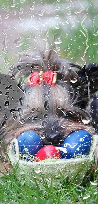 Yorkie with rain drops and colorful balls in a grassy garden.