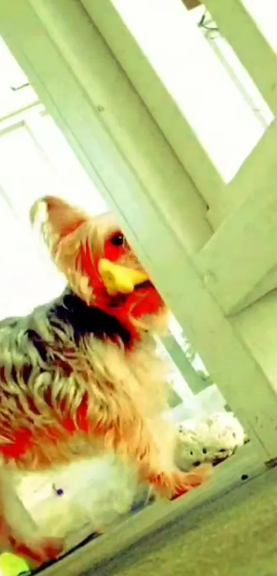 Yorkshire Terrier with toy on sunlit porch.