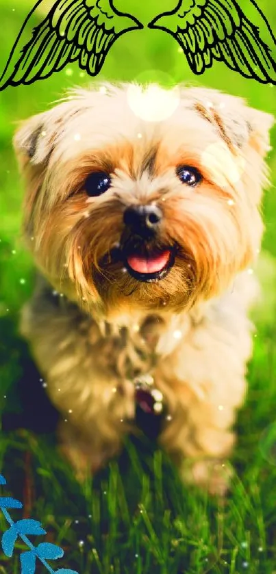 Yorkie with angel wings sitting on green grass, with blue leaf design.