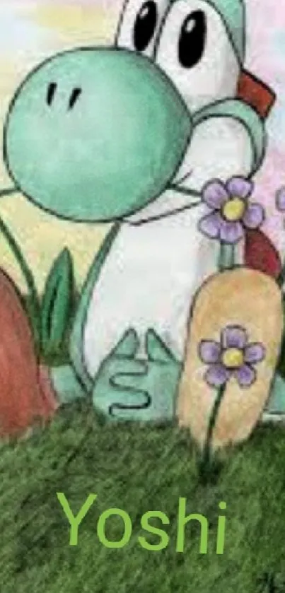 Illustrated Yoshi in a cartoon garden with flowers.