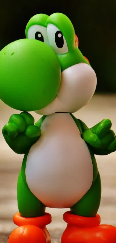 Yoshi figurine on blurred nature background with green and orange colors.