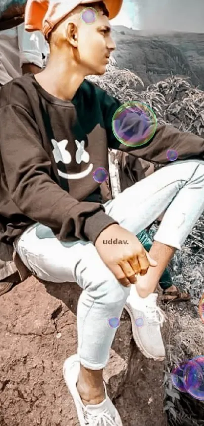 Young man in sweatshirt sitting outdoors with mountainous backdrop.