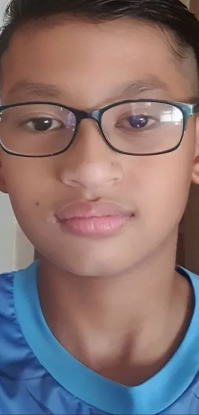 Young boy with glasses in blue shirt, looking ahead.