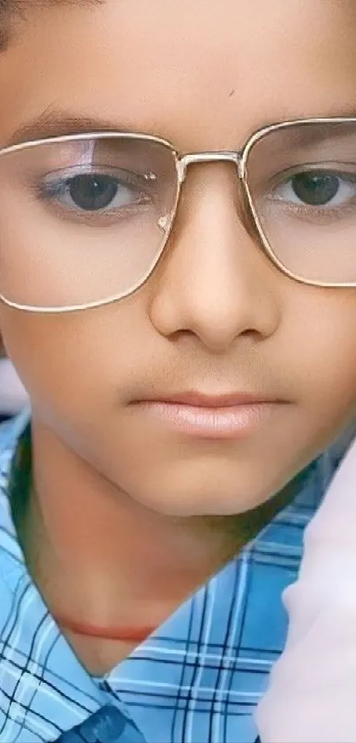 Young boy wearing glasses in blue shirt.