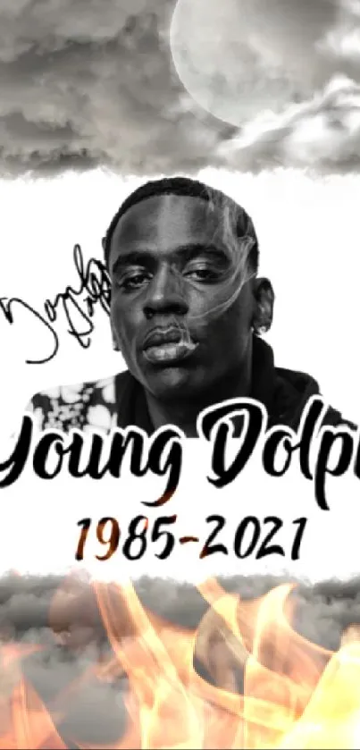 Tribute wallpaper of Young Dolph with clouds and commemorative text.