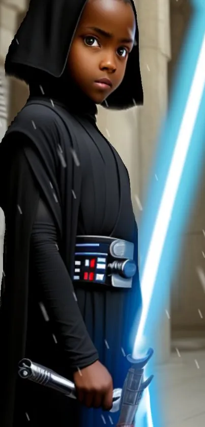 Young Jedi holding a blue lightsaber in a futuristic setting.