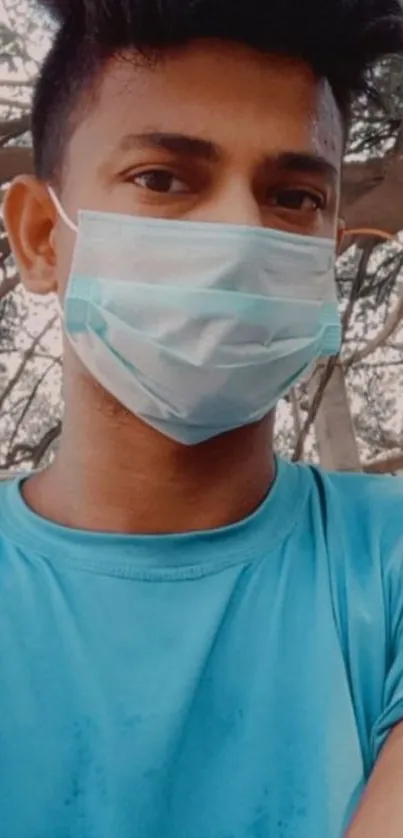 Young man wearing a blue mask and shirt outdoors.